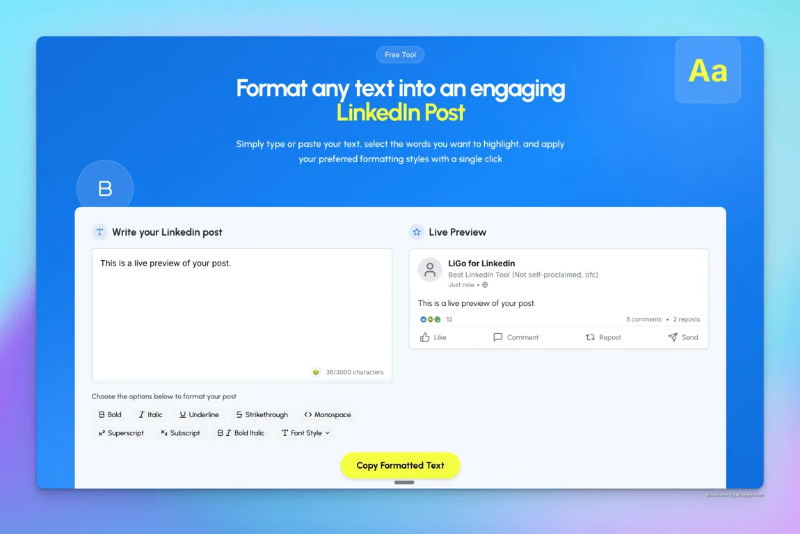LiGo's Linkedin Text Formatter Tool Interface