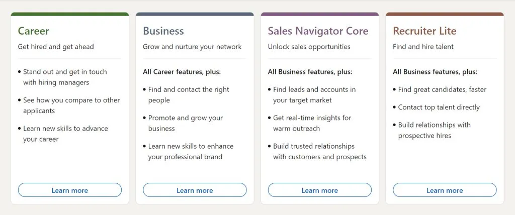 Different packages of Linkedin Premium: Career, Business, Sales Navigator, Recruiter Lite